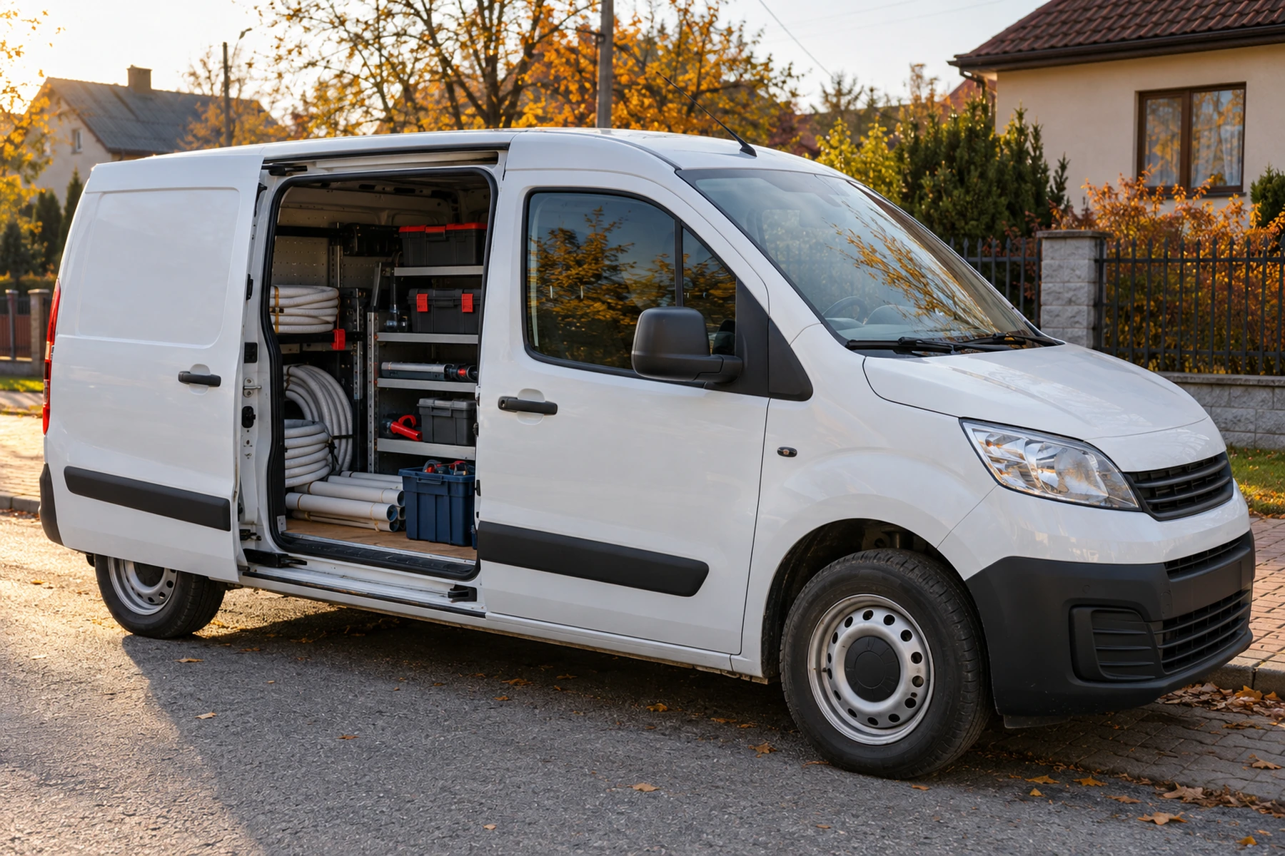 A white work van with its sliding door open and toolboxes inside, on a residential street.