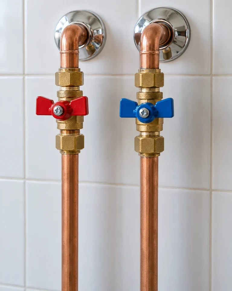 Red and blue shutoff valves on copper pipes against a white tiled wall.