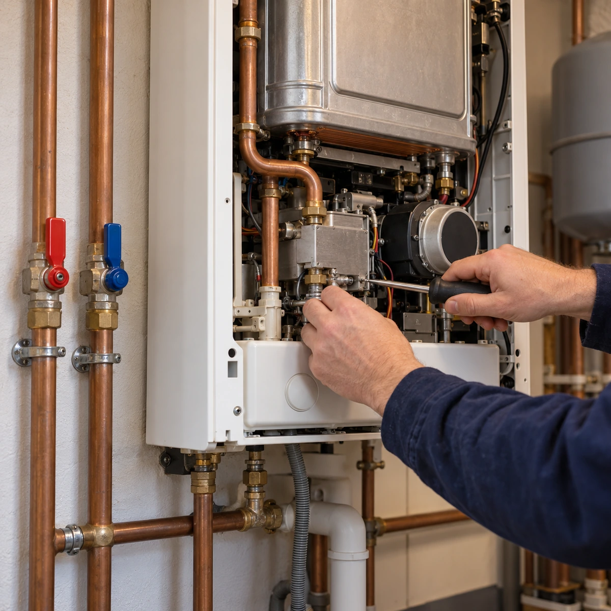 A technician working on a wall-mounted water heater beside red and blue valves.