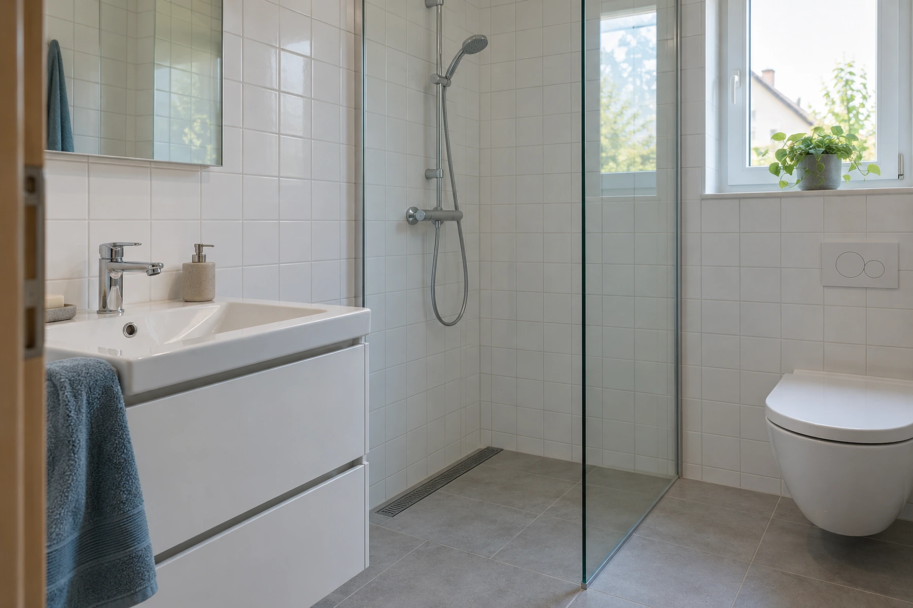 Remodeled bathroom with white square tiles and a glass shower enclosure.
