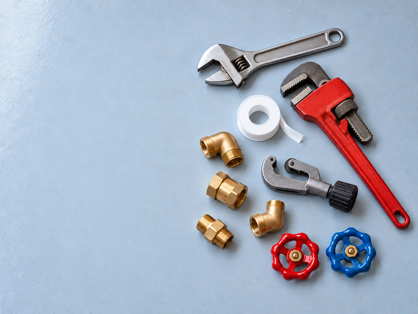 Plumbing tools on a light worktop: wrenches, thread seal tape, brass fittings and red and blue valve handles.